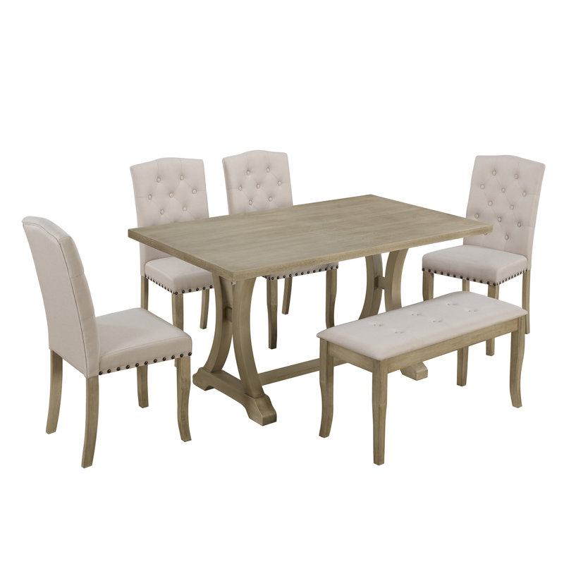 6-Piece Farmhouse Dining Table Set, Rectangular Trestle Table And 4 Upholstered Chairs & Bench For Dining Room