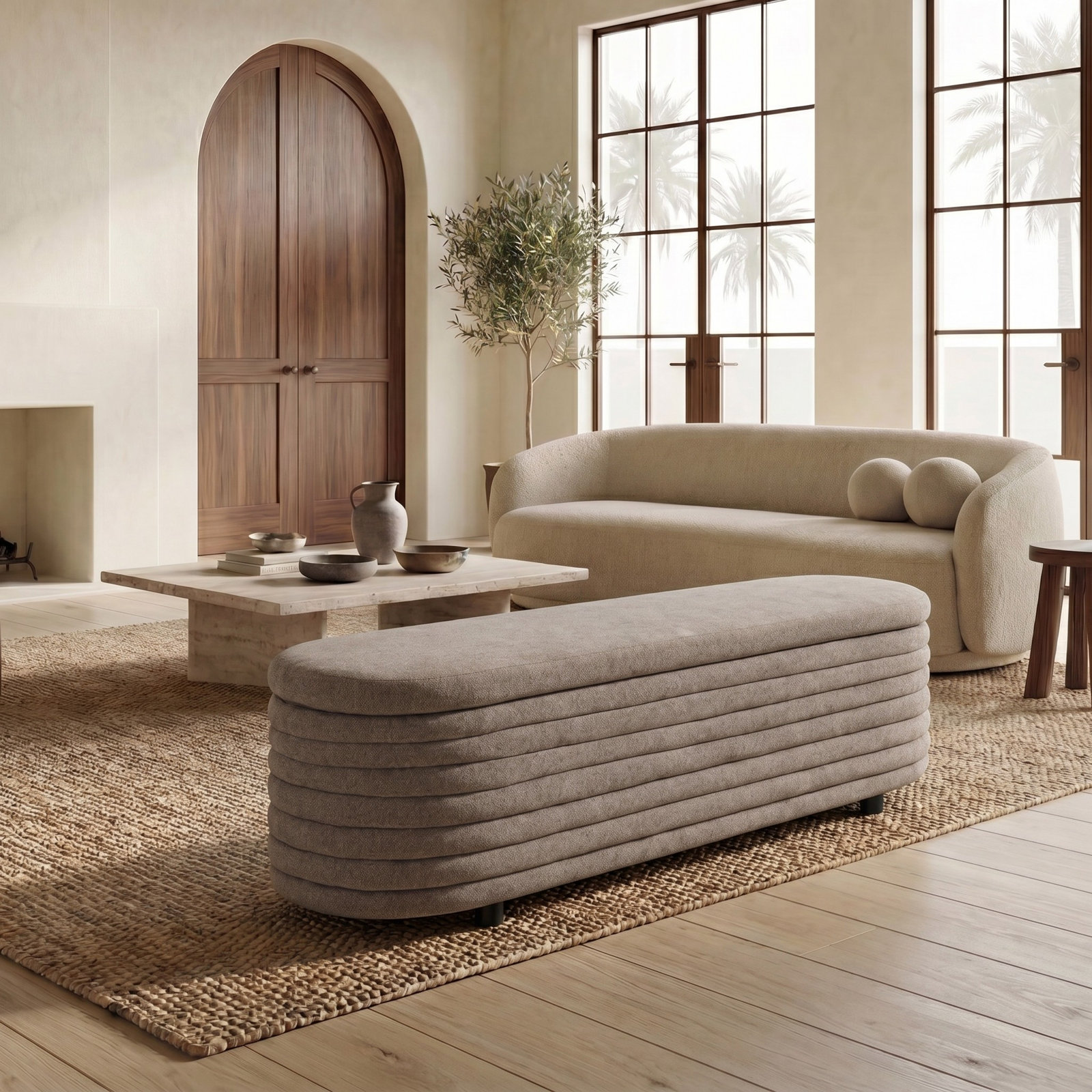 Delray Upholstered Flip Top Storage Bench, Brown Boucle
