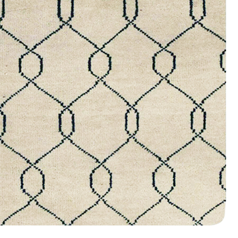 Tapis intérieur beige noué à la main à motif géométrique 100% laine, Rectangle de 5 pi x 8 pi