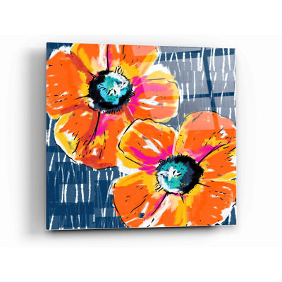 Orange coquelicots sur bleu par Linda Woods - peinture sans cadre