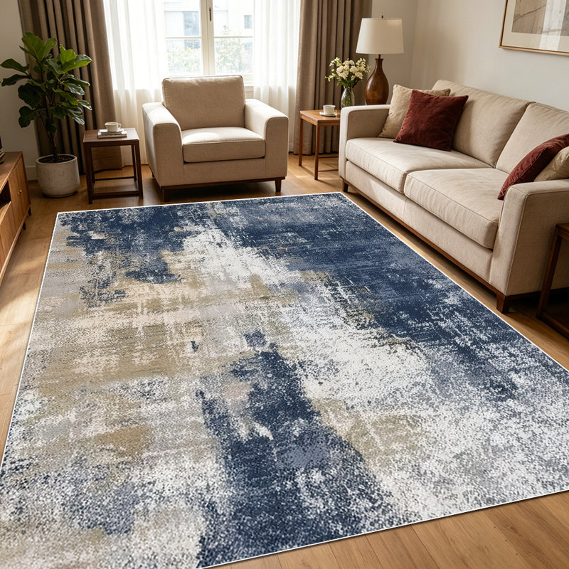 1PC Distressed Abstract Navy Blue & Beige Watercolor area rugs for Living Room, Soft and Comfortable, Suitable for all seasons, easy-to-maintain, machine washable Indoor floor mat, Under Table Farmhouse suitable for dining room, bedroom, home office,