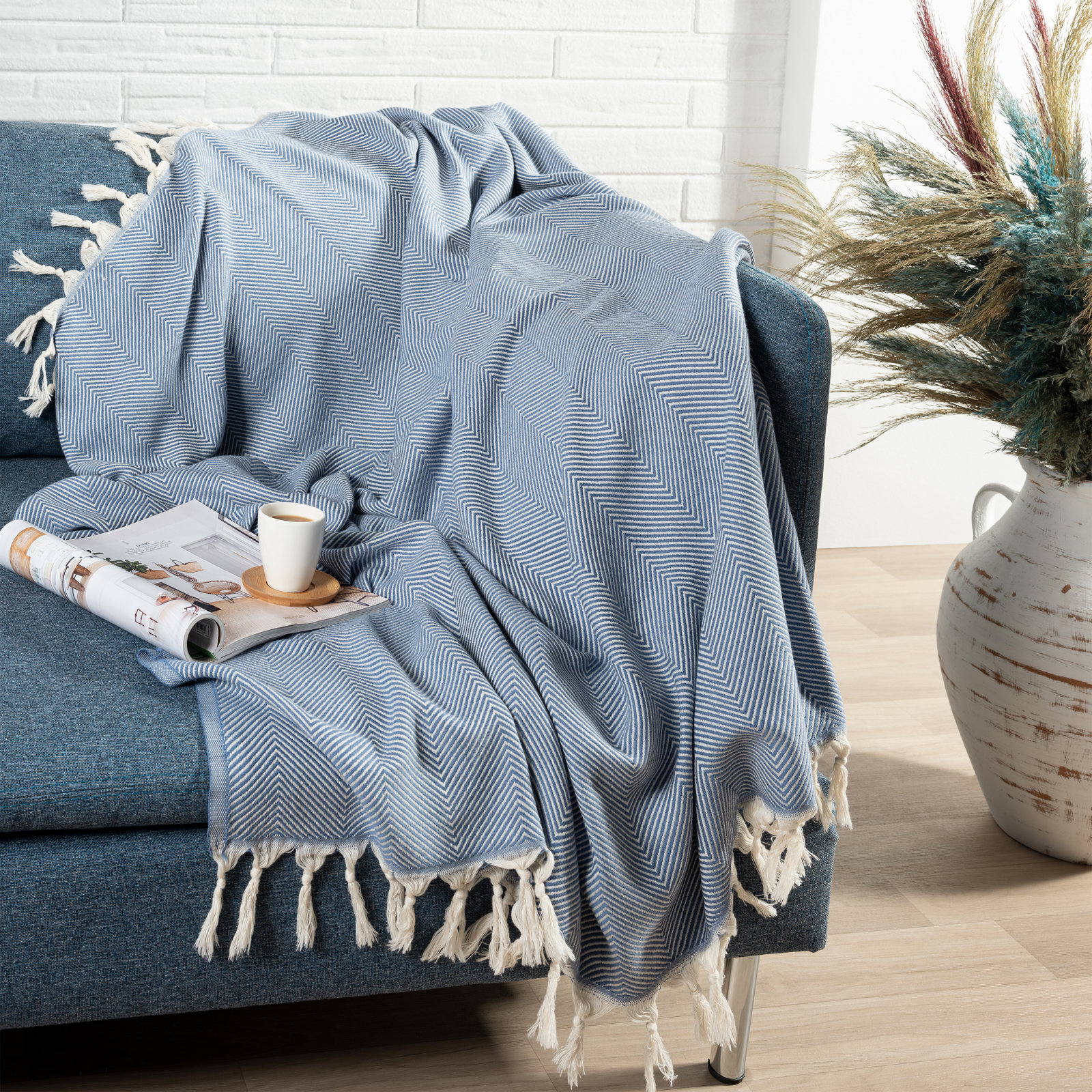 Vincenza 100% Turkish Cotton Throw, Blue