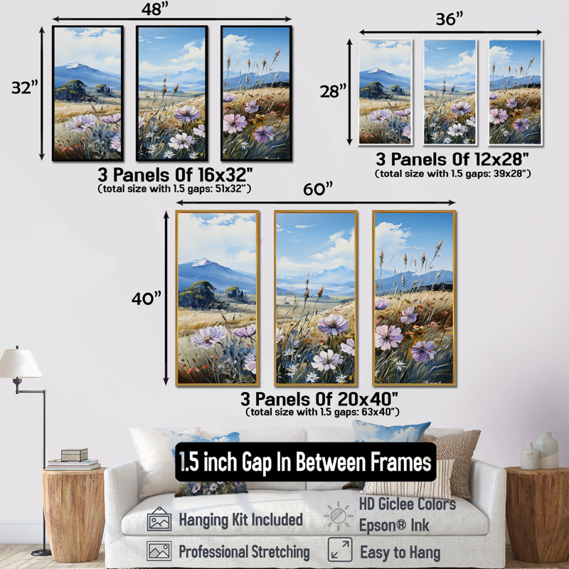Ensemble de salon mauve à fleurs mauves en montagne, Cadre flottant doré, H 40 po x l 60 po x P 1 po