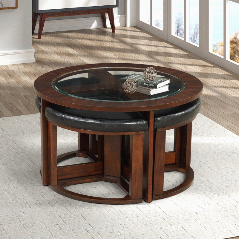 Solid Wood Glass Top Round Table Set, Coffee Table With 4 Stools