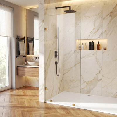 28" W X 80" H Walk-in Frameless Shower Screen With 3/8" (10mm) Clear, Safe Explosion-resistant Tempered Glass Brushed Gold