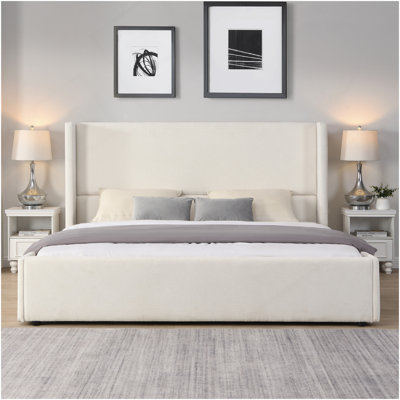 Lit tapissier élégant en tissu blanc avec tête de lit haute, blanc, très grand