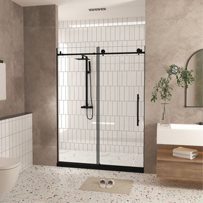Frameless shower door 44-48 "W x 76"H, 1/4 "(6 mm) Clear Tempered Glass, Explosion Proof Film, Stainless Steel Handle, Matte Black