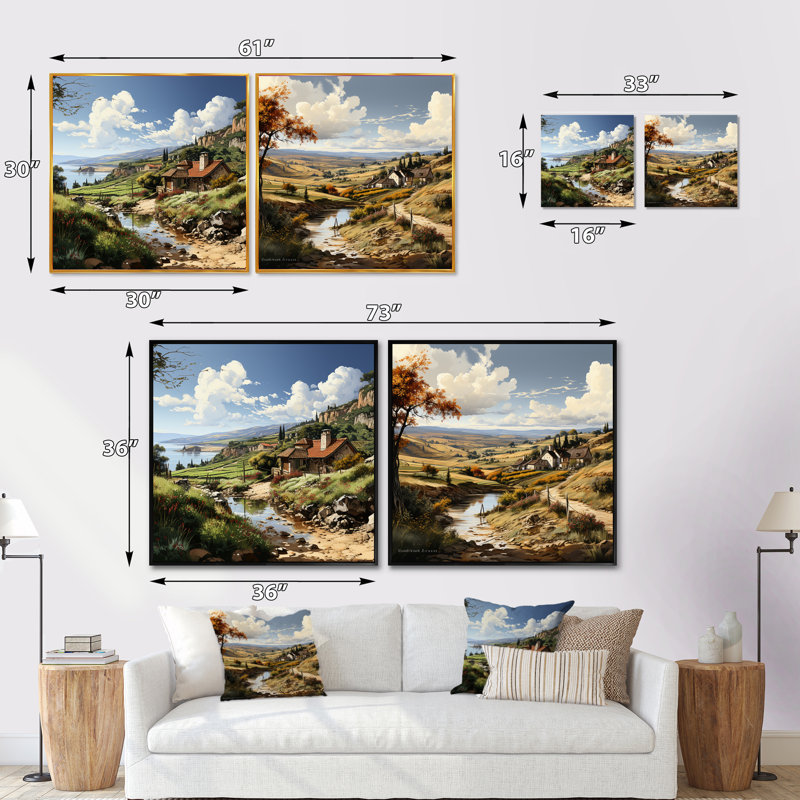 «Vineyard Charm Landscape», ensemble de 2 collages carrés Vineyard, Cadre flottant blanc, H 16 po x l 33 po