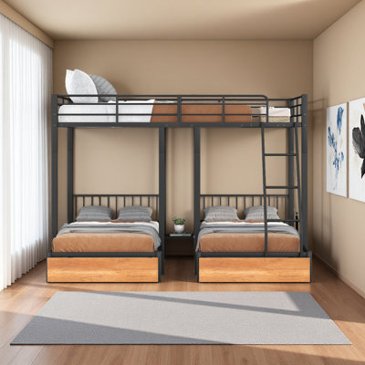 Full Over Twin & Twin Bunk Bed, Metal Triple Bunk Bed With Drawers And Guardrails