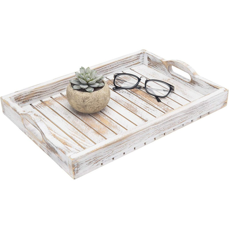 Plateau de service en bois avec poignées découpées en forme de lattes, plateau de table basse avec repose-pieds 16 x 11 po
