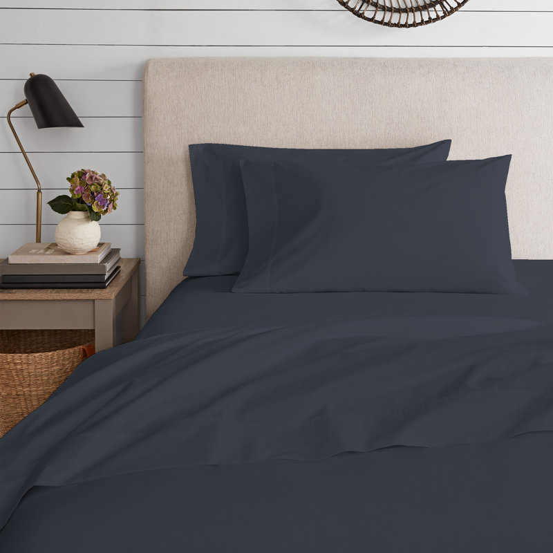  Ensemble de draps en mélange de coton, Ensemble de draps pour grand lit + drap-housse + t, Bleu de minuit