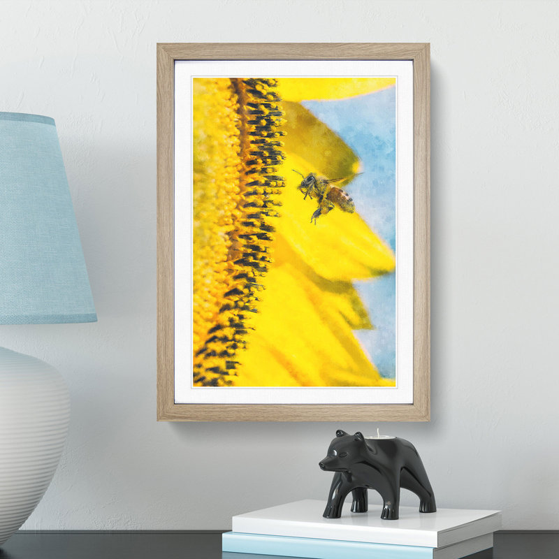 Busy Bee & Yellow Flower - Picture Frame Graphic Art Print, 87cm H x 62cm W x 2cm D, Oak Framed
