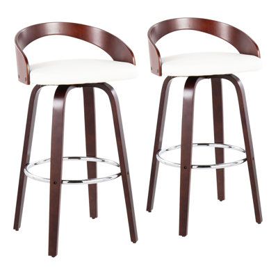 Tabouret de bar Mid-Century moderne avec pivot en cerisier avec similicuir blanc - ensemble de 2