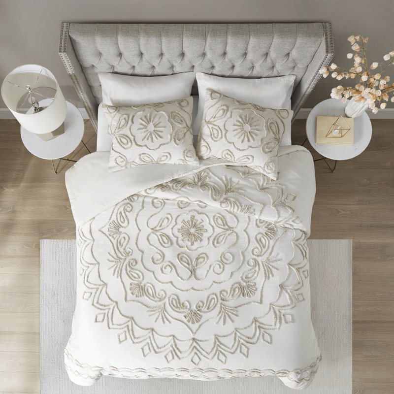 Ivory and Taupe Cotton Chenille King/Cal King Duvet Cover Set