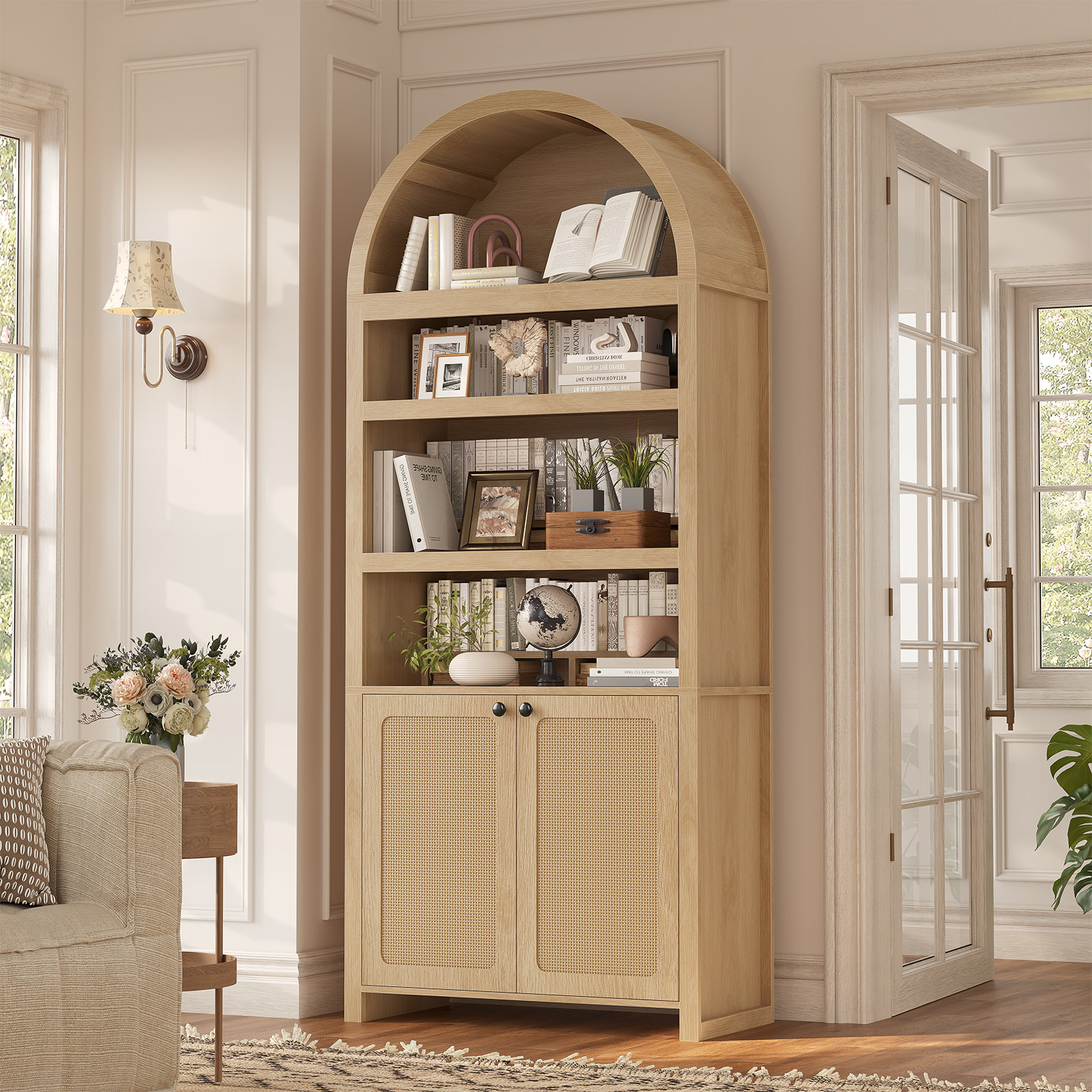 Bay Isle Home 81" Arched Bookcase Cabinet, Natural