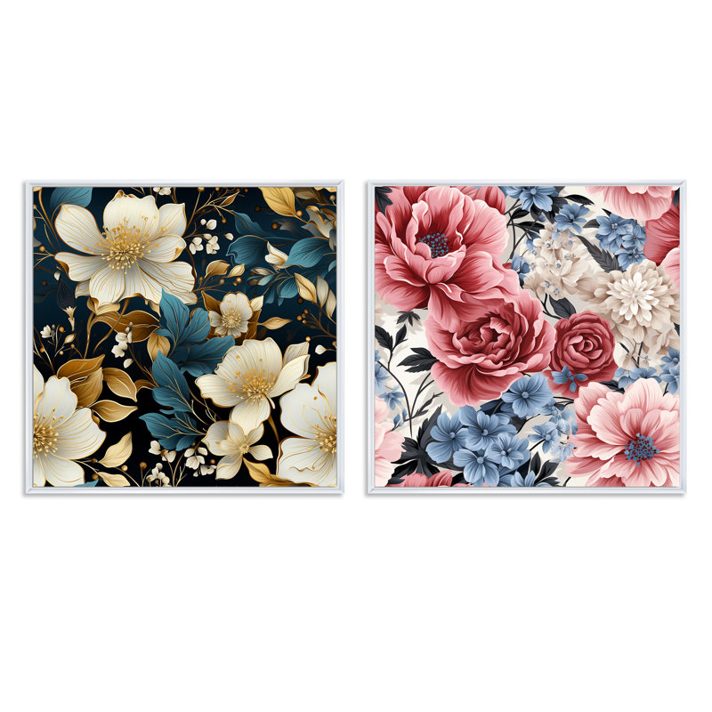 Ensemble de 2 luxueux motifs floraux dorés et roses à motif floral carré, Cadre flottant blanc, H 16 po x l 33 po