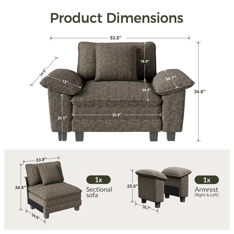 Fauteuil à assise profonde avec coussin décoratif, Chenille gris