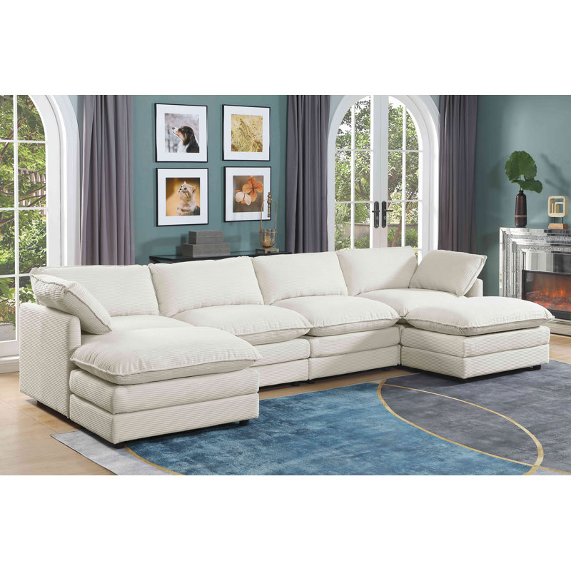 6 - Piece U Shape Sectional Sofa Cloud Couch With Removable Ottomans, White Corduroy