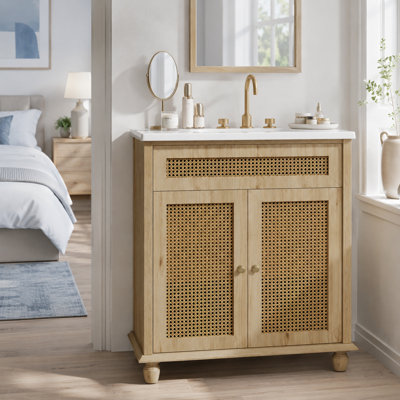 Boho Bathroom Vanity with Natural Wood Finish, Resin Sink and Hidden Storage