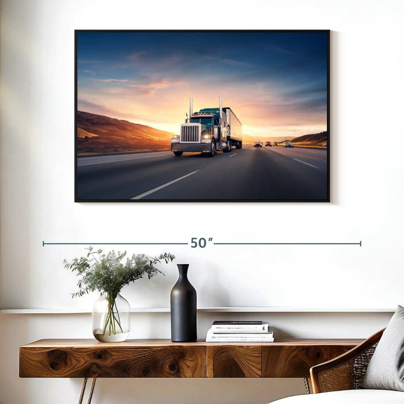 Excès de vitesse d'un camion au coucher du soleil, 40 po x 27 po, Cadre flottant noir