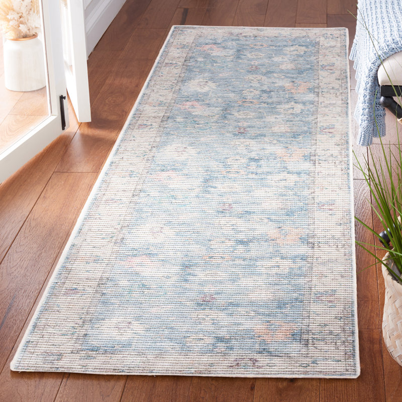Tapis oriental bleu / beige en jute / coton tissé à la machine Mua, Tapis de couloir 2 pi x 8 pi