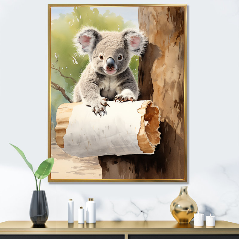 «Cude Koala Cuddle In Austall», art mural Koala, Cadre flottant doré, H 32 po x l 16 po x P 1 po