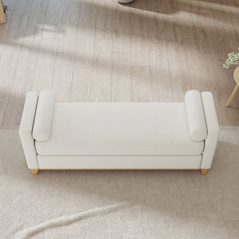 Banc rembourré avec pieds en bois massif, Naturel, Beige
