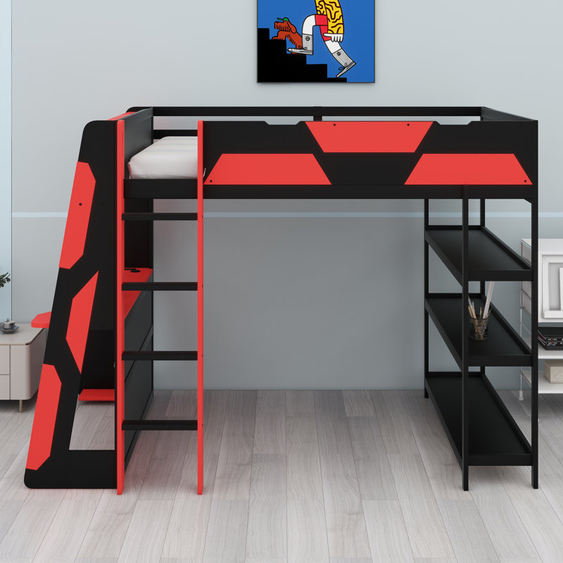 Ultimate Gaming Loft Setup with Desk, Storage Shelves & Programmable LED Lighting, Black+Red