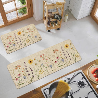 Tapis de cuisine printanier à motif floral - multicolore - ensemble de 2 tapis antidérapants à profil bas, tournesol, décor de ferme rétro