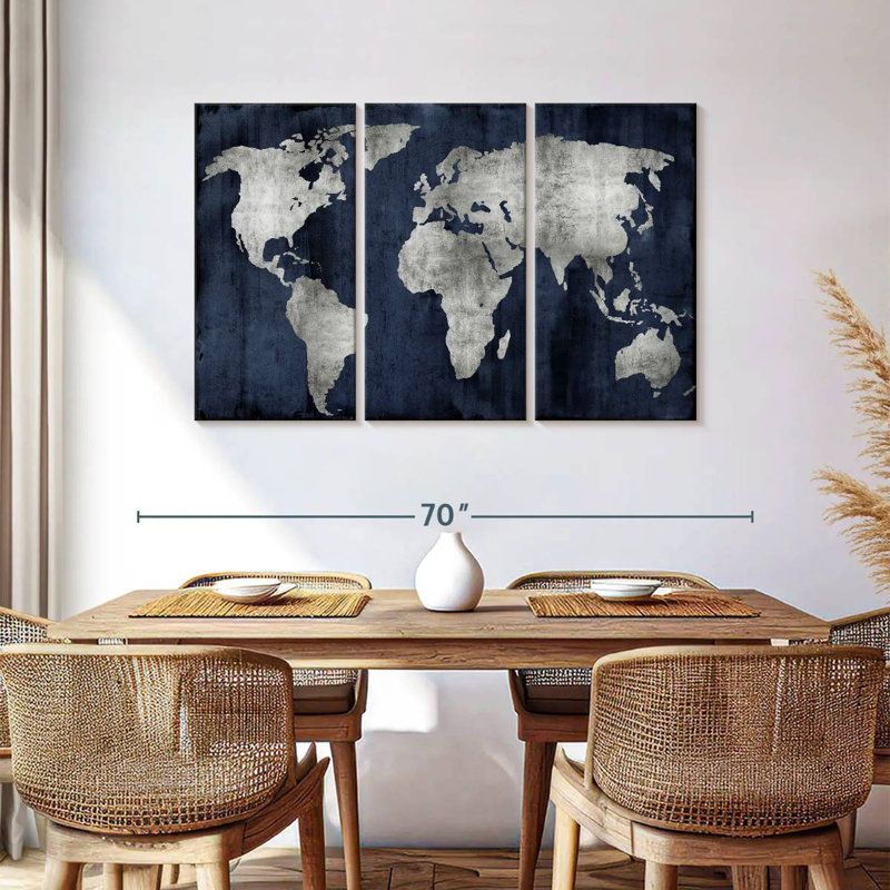 Aliaz The World - Argent sur bleu, H 36 po x l 57 po