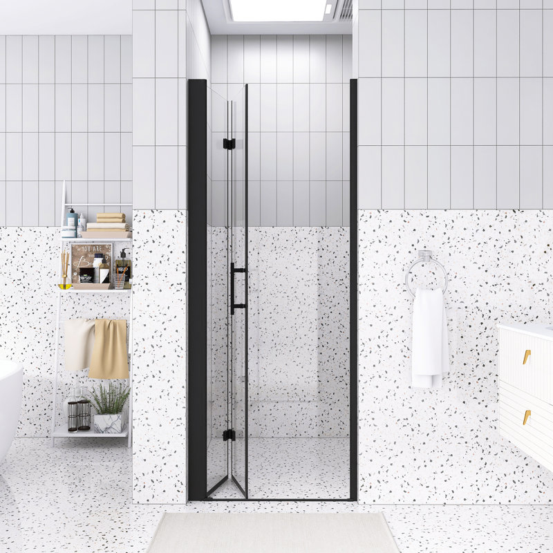 Porte de douche pliante 30 po x 72 po | Verre trempé 1/4 de pouce avec film antidéflagrant | Noir mat | Cadre en aluminium