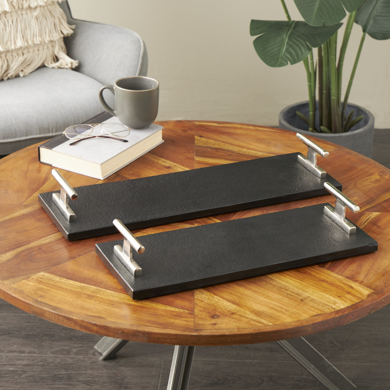 Aedic Mable Tray - Set of 2, 3.25"Hx6.9"Wx22.25"D & 3.3"Hx 7.1"Wx 18.35"D, Silver/Black