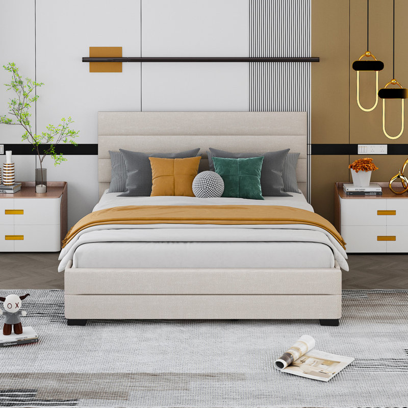 Carico Upholstered Platform Storage Bed, Beige, Polyester