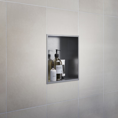 SIDELINE Shower wall niche. stainless steel. To be built into to the wall. 12" x 12". Depth 4" 