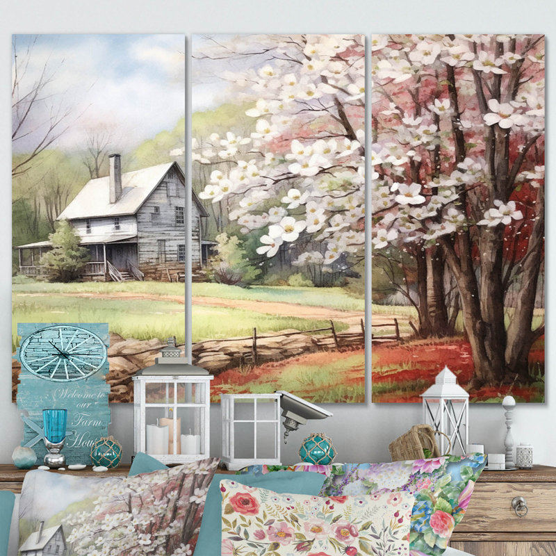 Reproduction de 3 pièces sur toile blanc gris et gris à la ferme III, H 40 po x l 60 po x P 1 po