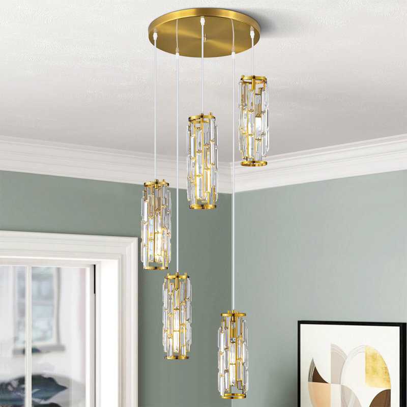 Luminaire suspendu cylindrique à 5 lumières à intensité variable avec accents de cristal, Or, 5 lumières