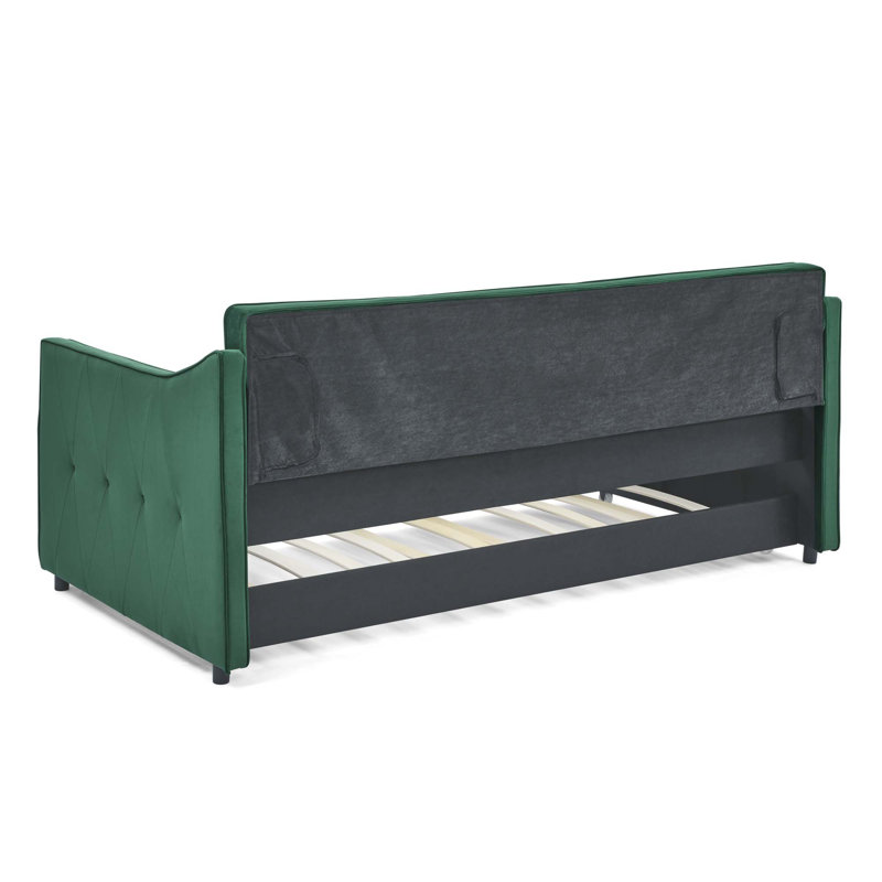 Daybed with Twin Size Trundle Upholstered Tufted Sofa Bed,Waved Shape Arms, Green