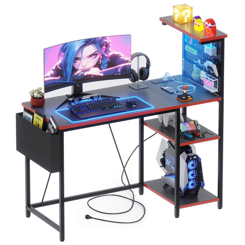 Metal Base Computer Desk with Power Outlet, Black