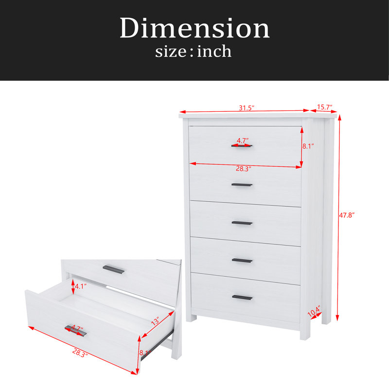 Commode en bois rétro avec 5 tiroirs, armoire de rangement pour la chambre à coucher, blanc