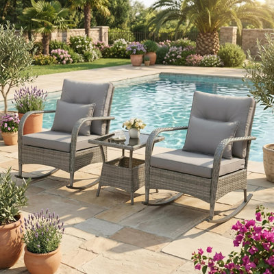 3-Piece Wicker Rocking Chair Set with Glass Side Table, Rattan Patio Chairs with Cushions for Porch, Balcony and Garden