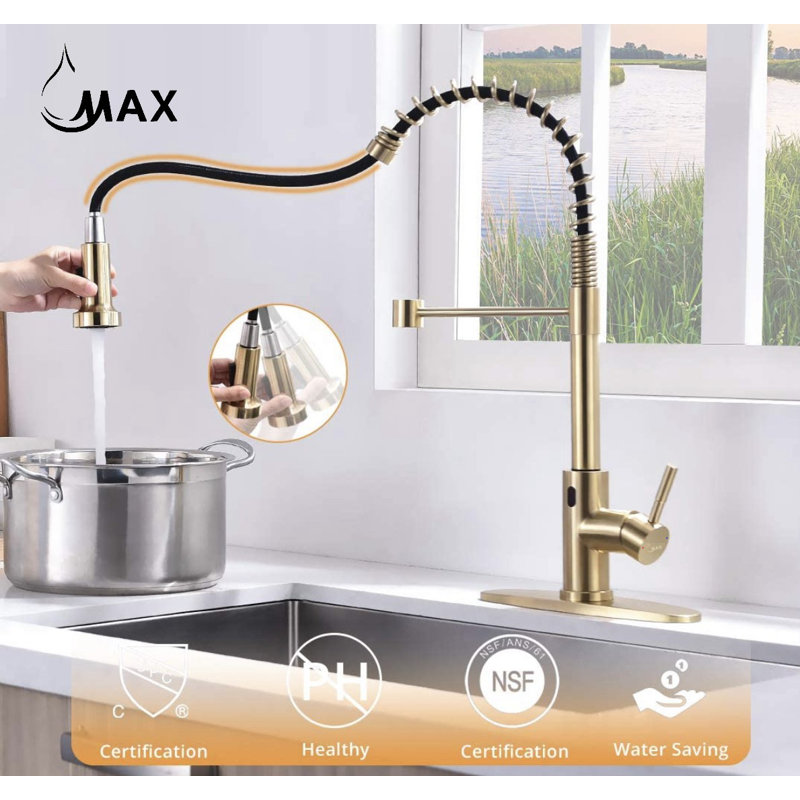 MAX Faucets Pull Out Touchless Kitchen Faucet, Brushed Gold