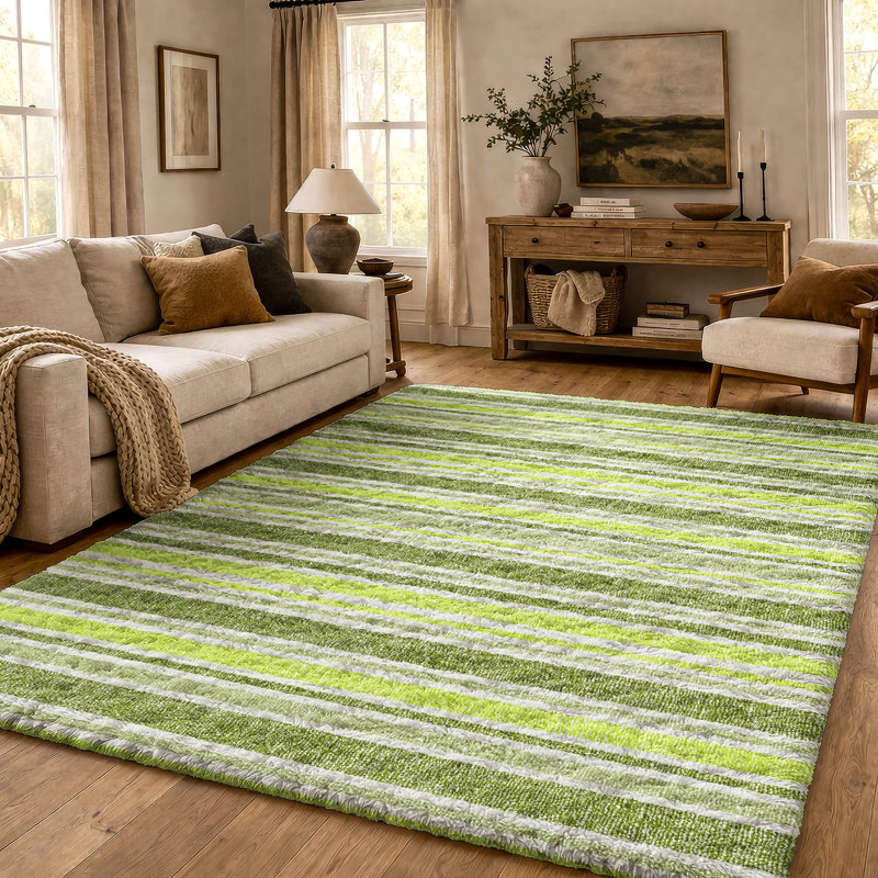 Premium Machine Washable Dream Shag ADS531 Striped Rug, 8' x 10', Fern