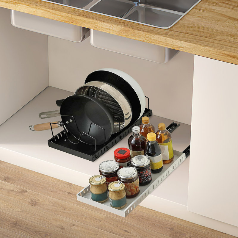 Carbon Steel Pull Out Pots And Pans Organizer Pot and Pan Storage Under Cabinet With 8 Adjustable Dividers, Black