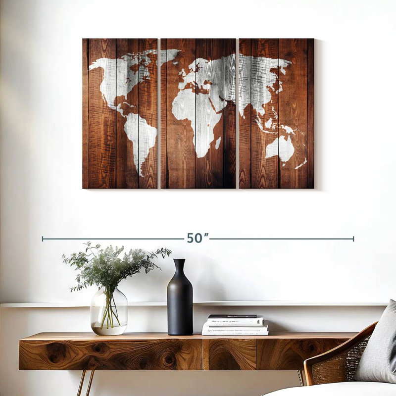 World Map " Chestnut World Map " by Jorge S 3 - Pieces, 38" H x 24" W x 1.25" D
