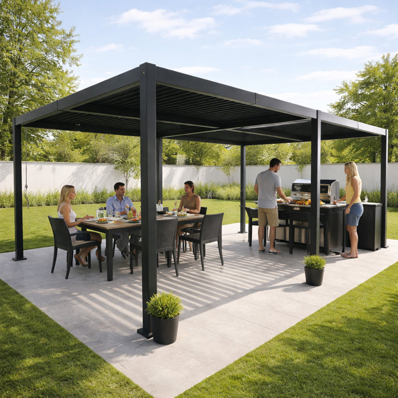 Kozyard Outdoor Louvered Pergola 12' x 24' Pergola Sun Shade All-Weather Aluminum Packing Shelter With Drainage System Adjustable Roof Waterproof For Poolside Patio Garden Yard Gray