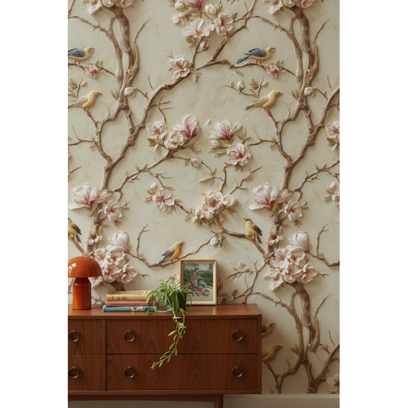 Papier peint floral branches d'oiseaux
