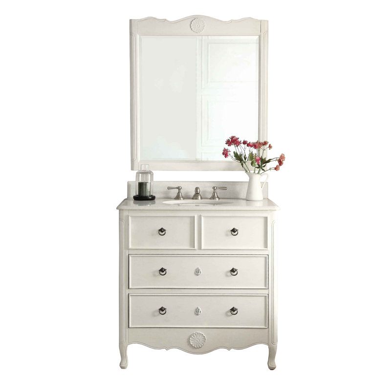 Nallely 34'' Single Bathroom Vanity with Marble Top, Distressed Light Grey