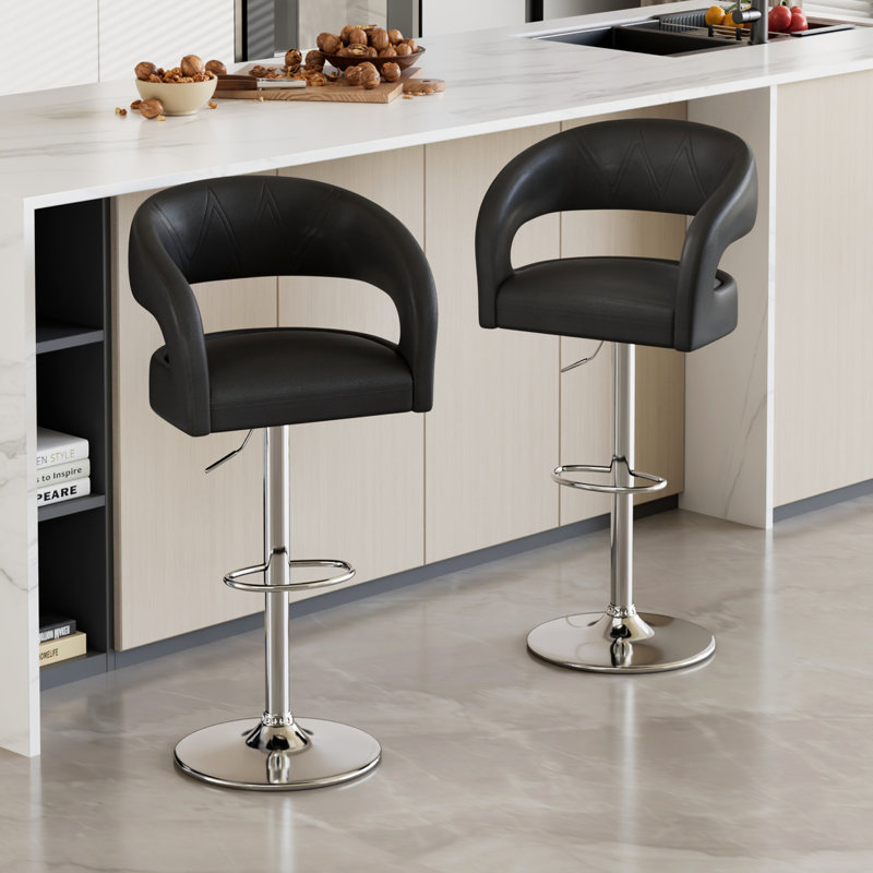 George Set of 2 Adjustable Bar Stools with Backs Arms, Modern PU Leather Swivel Counter Height Stools with Footrest, Kitchen Island Chairs for Dining Room, Home Bar, Cafe, Black