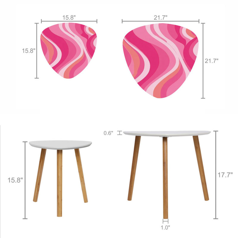 Triangle Nesting Coffee Table Set of 2 Pink psychedelic Retro 70s 90s 00s style Groovy waves End Table Modern Minimalist Side Table Set for Living Room Bedroom