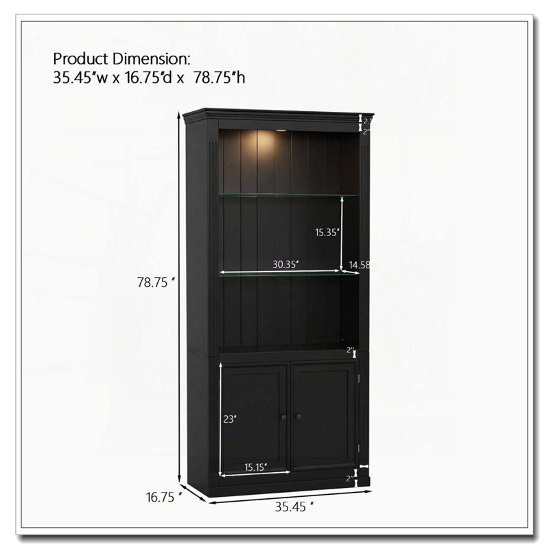 Étagère de présentation 78,75 "à 4 niveaux avec plafonnier à intensité variable et portes en verre, Noir